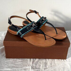 Coach Sammy Flat Sling Back Thong Sandals Size 9 Navy Turquoise BOX INCLUDED